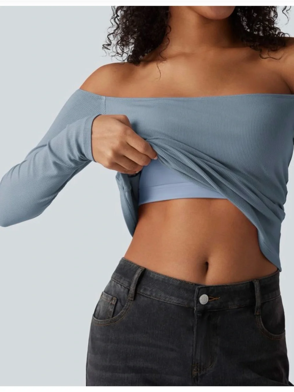 Halara Off-Shoulder Ribbed Long-Sleeve Top in Dusty Blue - Picture 2 of 2
